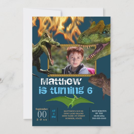 恐竜のDIY写真少年のテーマパーティーの炎の青 招待状 (正面)