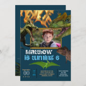 恐竜のDIY写真少年のテーマパーティーの炎の青 招待状 (正面/裏面)