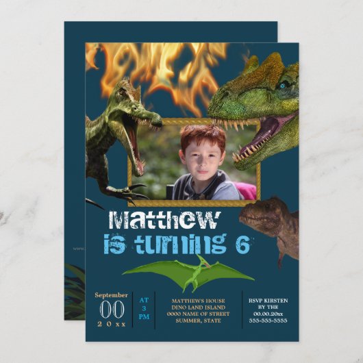 恐竜のDIY写真少年のテーマパーティーの炎の青 招待状 (正面/裏面)