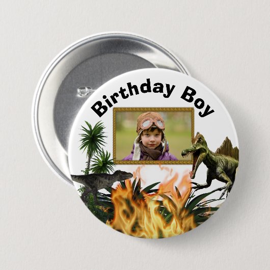 恐竜のTレックス先史時代の写真の火の少年 缶バッジ (正面&裏面)