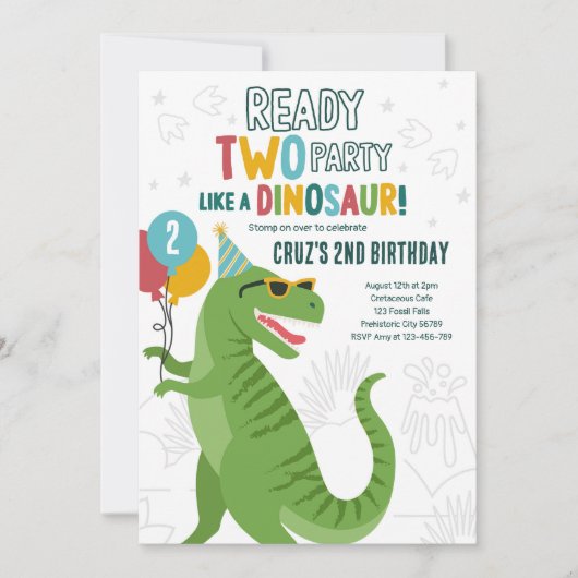 恐竜のT-Rex 2歳の誕生日パーティー 招待状 (正面)