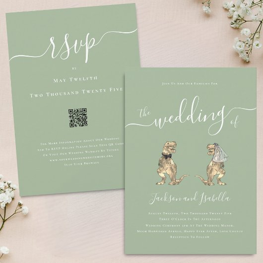 恐竜をテーマにしたウェディング　セージグリーン　ホワイト　QRコード 招待状