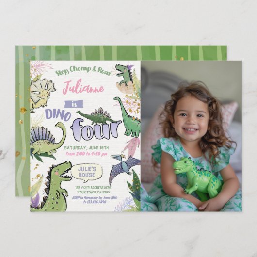 恐竜をテーマにしたパーティーディノ4歳の誕生日 招待状 (正面/裏面)