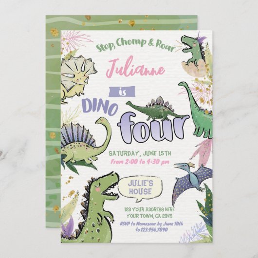 恐竜をテーマにしたパーティーディノ4歳の誕生日 招待状 (正面/裏面)