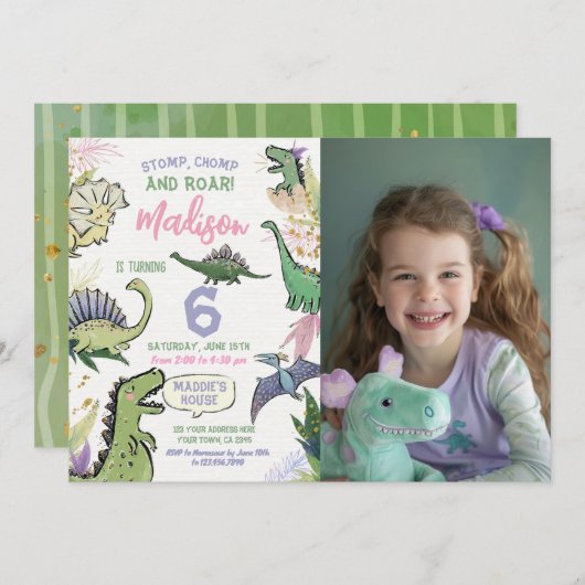 恐竜をテーマにしたパーティー誕生日 招待状 (正面/裏面)
