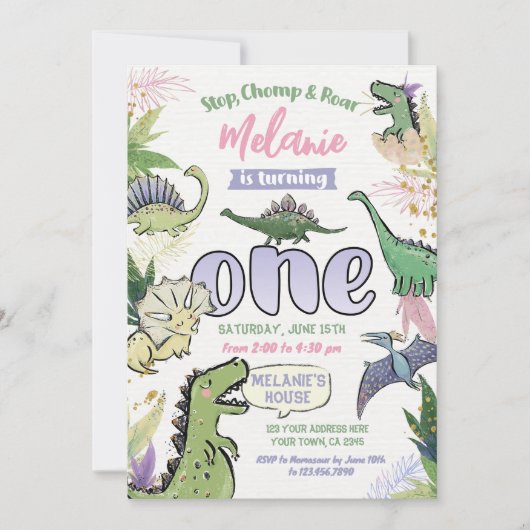 恐竜をテーマにしたパーティー1歳の誕生日 招待状 (正面)