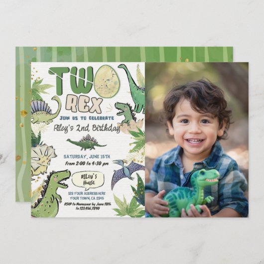 恐竜をテーマにしたパーティー2回目の誕生日 招待状 (正面/裏面)