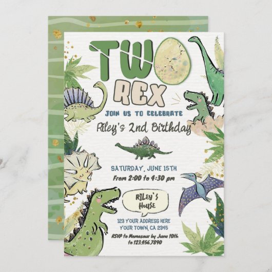 恐竜をテーマにしたパーティー2回目の誕生日 招待状 (正面/裏面)