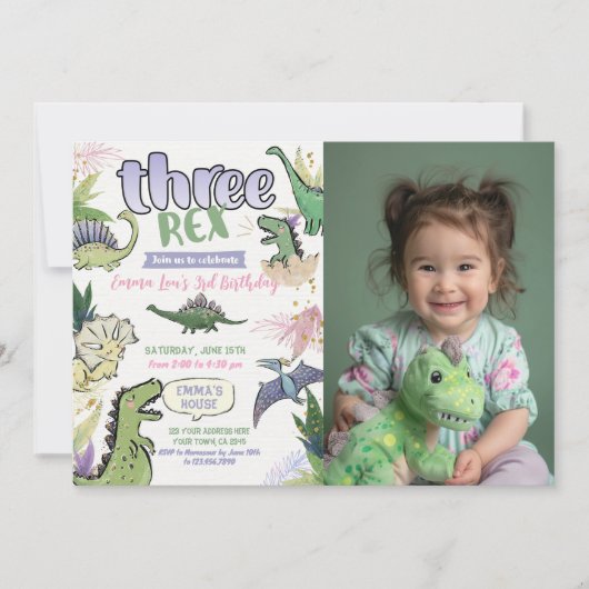 恐竜をテーマにしたパーティー3回目の誕生日 招待状 (正面)