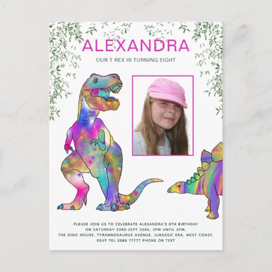 恐竜をテーマにした女の子の誕生日パーティピンクの予算 インビテーションポストカード (正面)