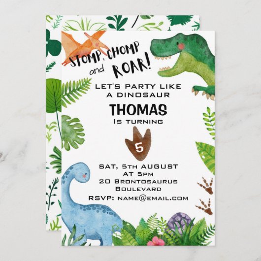 恐竜をテーマにした子供の誕生日パーティの招待状 招待状 (正面/裏面)