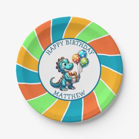 恐竜をテーマにした子供の誕生日パーティーパーソナライズされた ペーパープレート (正面)