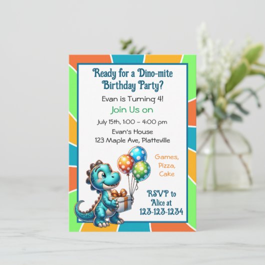 恐竜をテーマにした子供の誕生日パーティー 招待状 (スタンド正面)