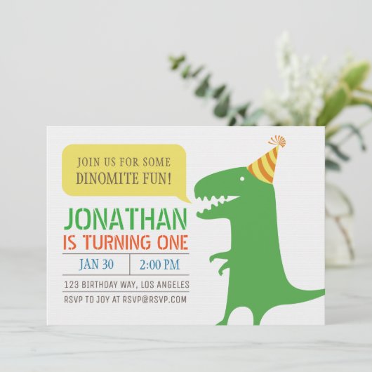 恐竜をテーマにした最初の誕生日少年の招待 招待状 (スタンド正面)