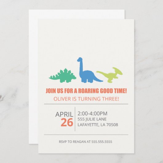 恐竜をテーマにした誕生日パーティーの招待状 招待状 (正面/裏面)