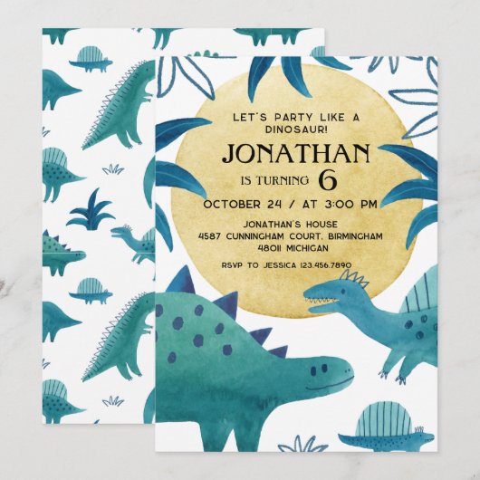 恐竜をテーマにした誕生日パーティー 招待状 (正面/裏面)