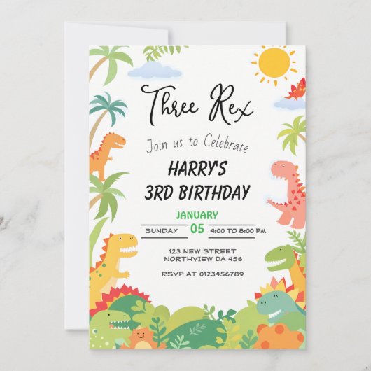 恐竜をテーマにした誕生日招待状 - '3さいのレックス' 招待状 (正面)