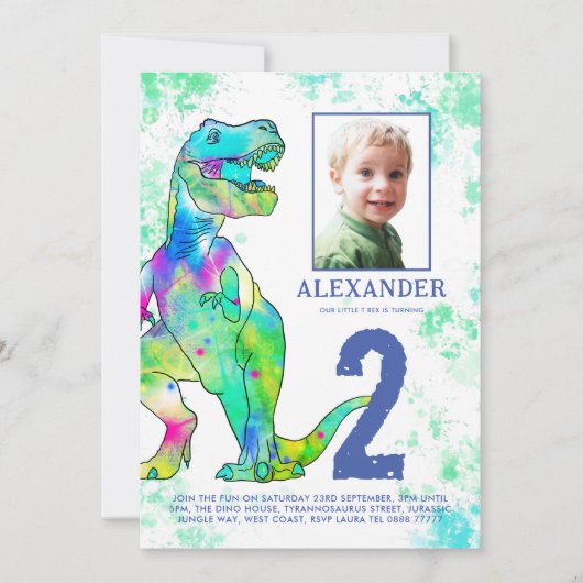 恐竜をテーマにした2回目の誕生日パーティー写真 招待状 (正面)