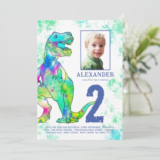 恐竜をテーマにした2回目の誕生日パーティー写真 招待状 (スタンド正面)