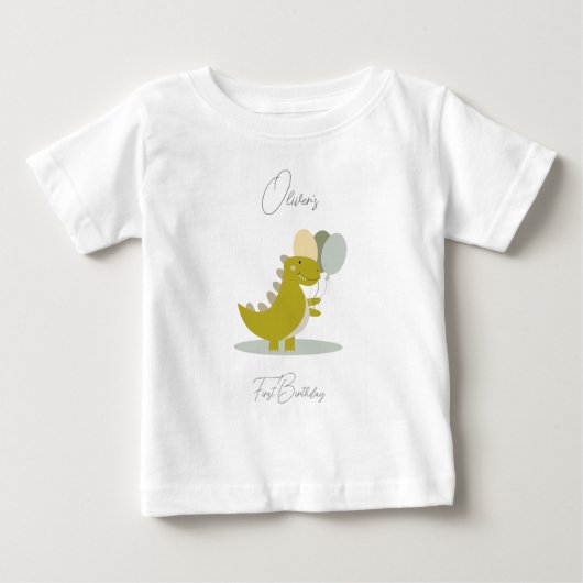 恐竜イエローグリーングレーファースト誕生日 ベビーTシャツ (正面)