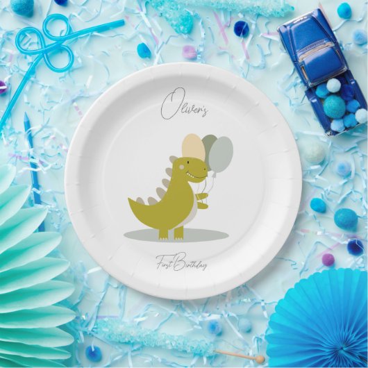 恐竜イエローグリーングレーファースト誕生日 ペーパープレート (パーティー)