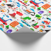 恐竜ウォーターカラー忙しいシティキッズ恐竜誕生日 ラッピングペーパー (角)