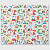 恐竜ウォーターカラー忙しいシティキッズ恐竜誕生日 ラッピングペーパー (フラット)