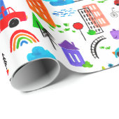 恐竜ウォーターカラー忙しいシティキッズ恐竜誕生日 ラッピングペーパー (ロールコーナー)