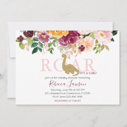 恐竜エレガントピンク&マルーン赤ちゃんガールシャワー 招待状 (正面)