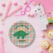 恐竜オンカラフルプレイド子供の誕生日パーティー ペーパープレート (パーティー)