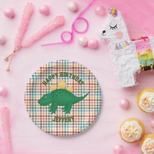 恐竜オンカラフルプレイド子供の誕生日パーティー ペーパープレート (パーティー)