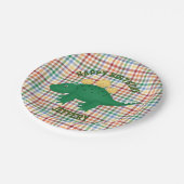 恐竜オンカラフルプレイド子供の誕生日パーティー ペーパープレート (アングル)