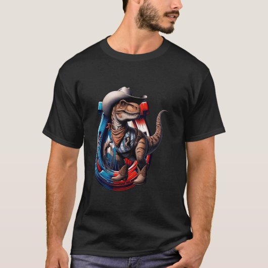 恐竜カウボーイ テキサス州 馬蹄型 ジョーク Tシャツ (正面)