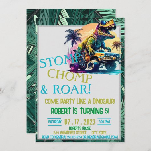 恐竜カスタム子供の誕生日 招待状 (正面/裏面)