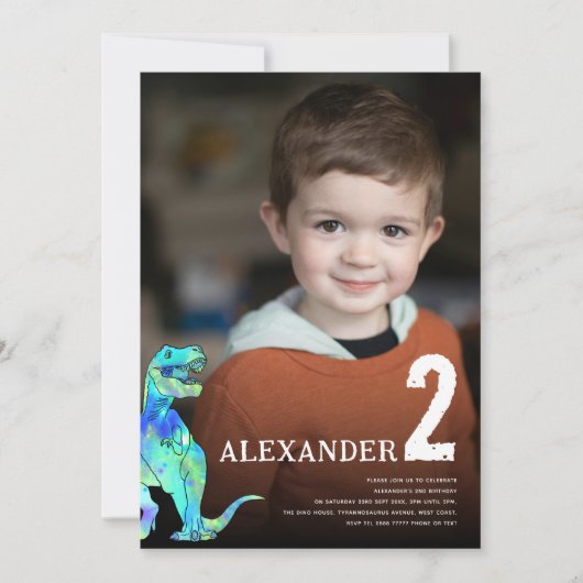 恐竜カラフルのカスタム写真2回目の誕生日パーティー 招待状 (正面)