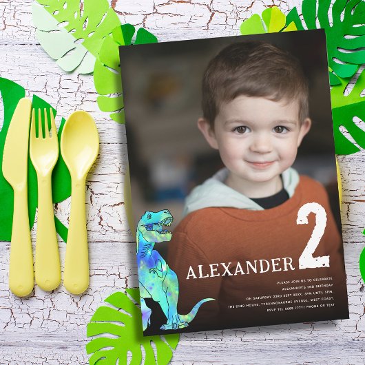 恐竜カラフルのカスタム写真2回目の誕生日パーティー 招待状