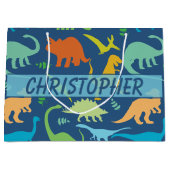 恐竜カラフルのパターンを個人用に設定 ラージペーパーバッグ (正面)