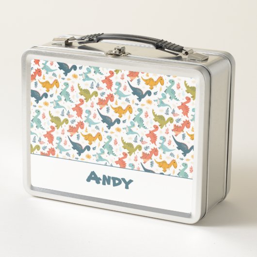 恐竜カラフルの可愛いパターン名 メタルランチボックス (正面)