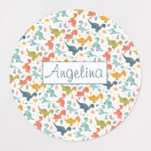 恐竜カラフルの可愛い模様の白い名前 ラベル (デザイン2)