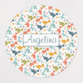 恐竜カラフルの可愛い模様の白い名前 ラベル (デザイン1)