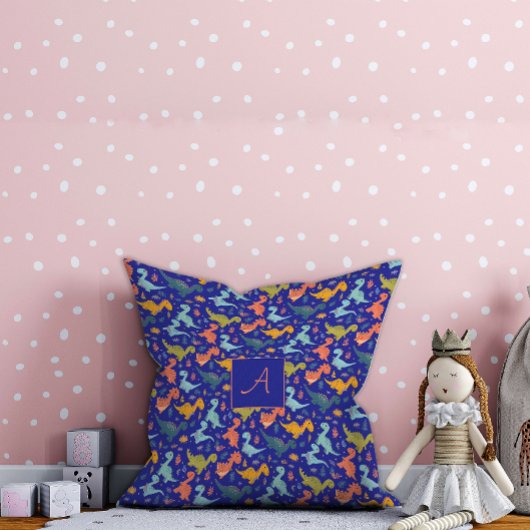 恐竜カラフルの可愛い模様の青い名前 クッション