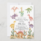 恐竜カラフルの最初の誕生日パーティー 招待状 (正面)