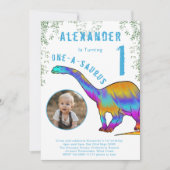 恐竜カラフルの最初の誕生日パーティー 招待状 (正面)