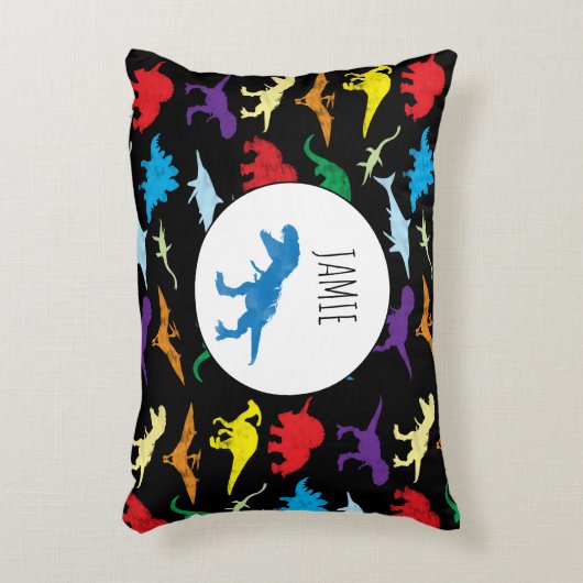 恐竜カラフルの水彩子供のパターン アクセントクッション (正面(垂直))