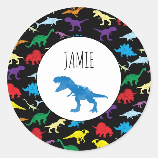 恐竜カラフルの水彩子供のパターン ラウンドシール (正面)