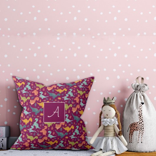 恐竜カラフルの漫画かわいいパターン赤の名前 クッション