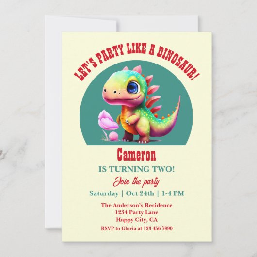 恐竜カラフルの2回目の誕生日のような可愛いパーティー 招待状 (正面)