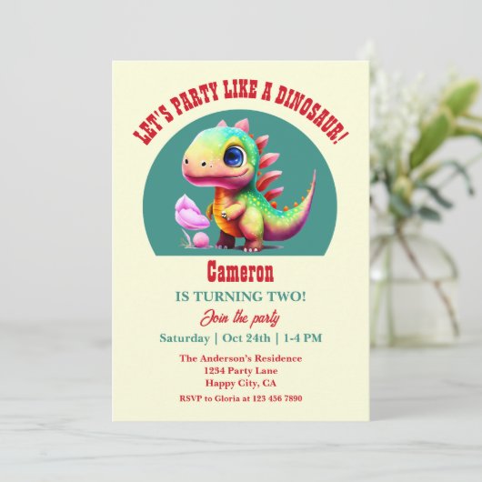 恐竜カラフルの2回目の誕生日のような可愛いパーティー 招待状 (スタンド正面)