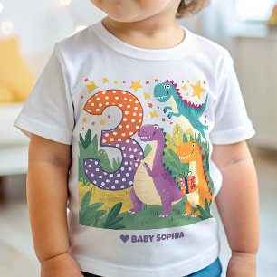 恐竜カラフルの3回目の誕生日 ベビーTシャツ
