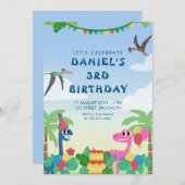 恐竜カラフルをテーマにした誕生日パーティーの招待状 招待状 (正面/裏面)
